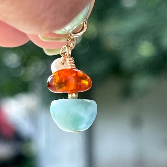Hand Crafted Jewelry - Elegant Larimar Amber and Freshwater Pearl Charm . Gold filled 14K